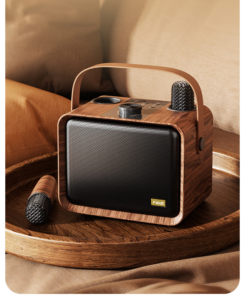 IKF M1 Wireless Karaoke Microphone Speaker All-in-One Home KTV Outdoor Bluetooth Speaker Wood Grain Brown 9