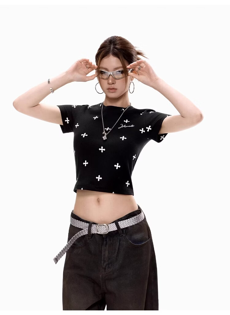 ICH MODE American Style All-Over Print Slim Fit Cropped T-Shirt for Women 2026 New Summer Hot Girl Round Neck Top Small Shoulder Pink L 25