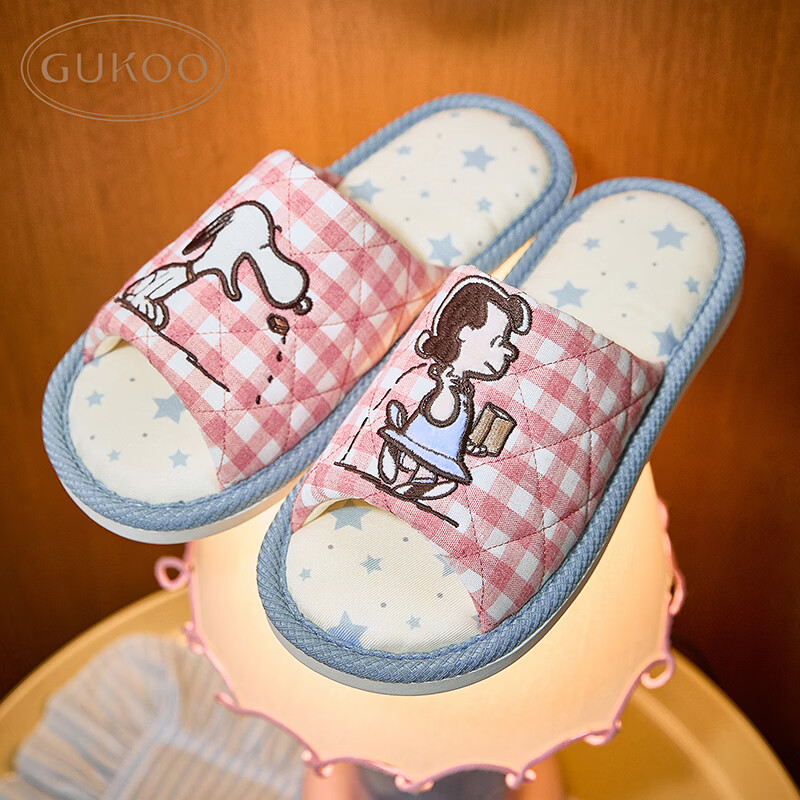 Gukoo Women's Four-Season Snoopy Plaid Floor Slippers New Flat Home Slippers Light Crimson Size 36-37