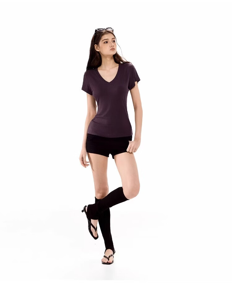 ICH MODE American Vintage Slim Fit V-Neck Cropped Short Sleeve T-Shirt Women Summer New Basic Shoulder Top Dark Purple S 7