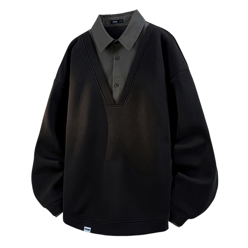 JEEP Men's Spring and Autumn Faux Two-Piece Polo Casual Long Sleeve T-Shirt Black 2XL