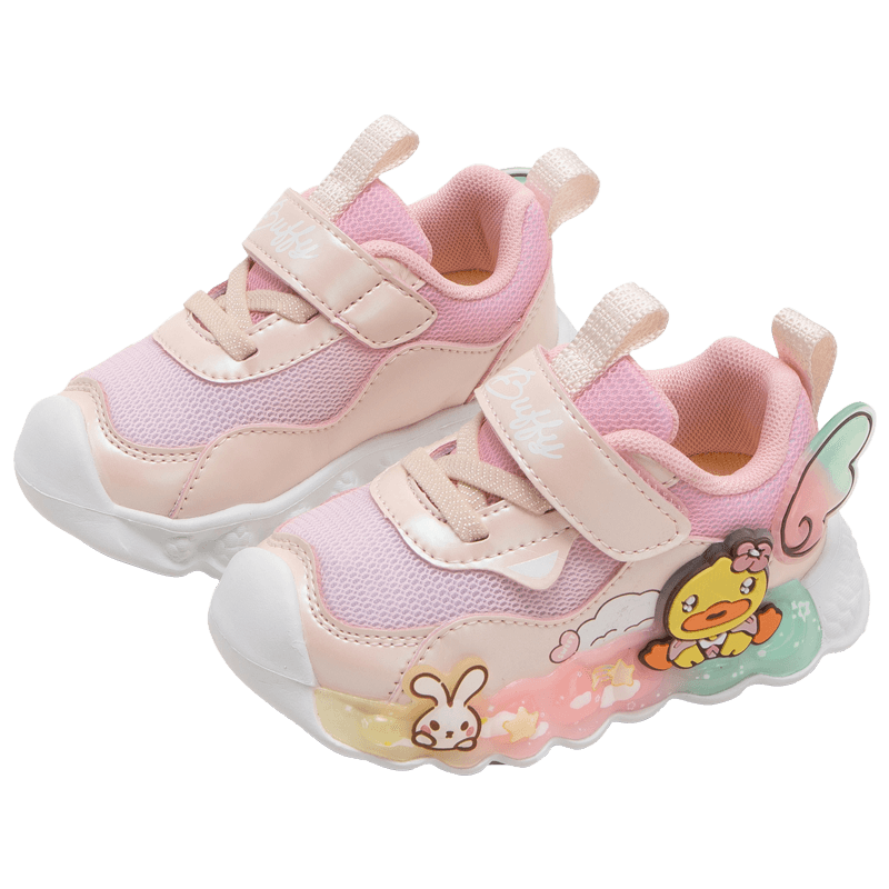 B.Duck Children's Shoes, Girls' Soft-Soled Sneakers, Light-Up Shoes with Flashing Lights, Spring And Autumn Season Bright-Light Shoes, Pink, Size 27