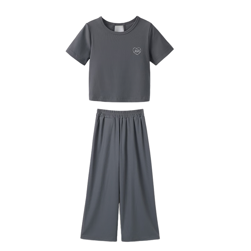 ASK JUNIOR Girls' Summer Sportswear Set: Thin Short T-Shirt + Wide-Leg Long Pants Two-Piece Set, Gray, Size 170