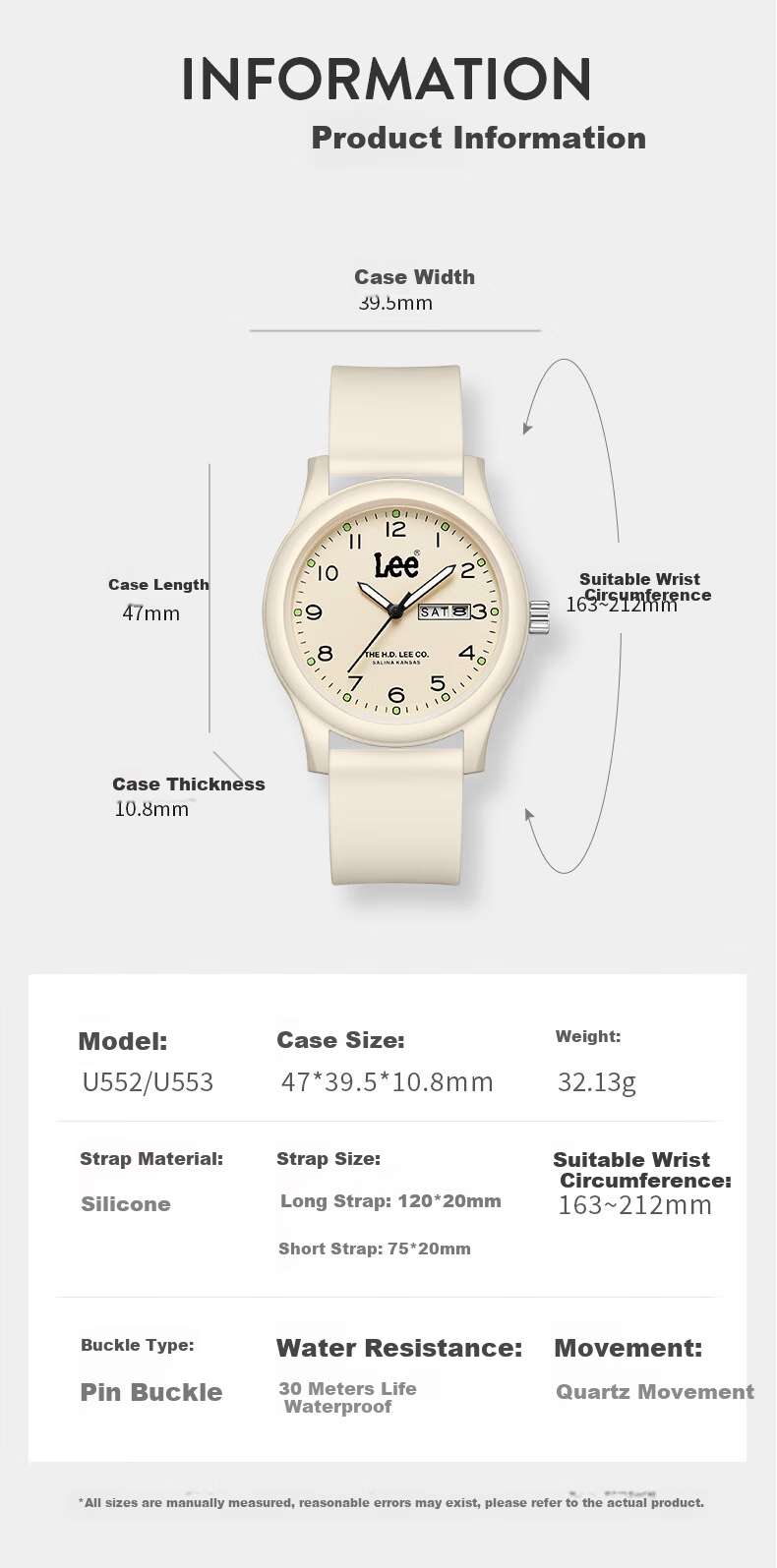 Lee Student Watch Calendar Youth Mechanical Exam Silent Pointer Unisex U553 Beige 9