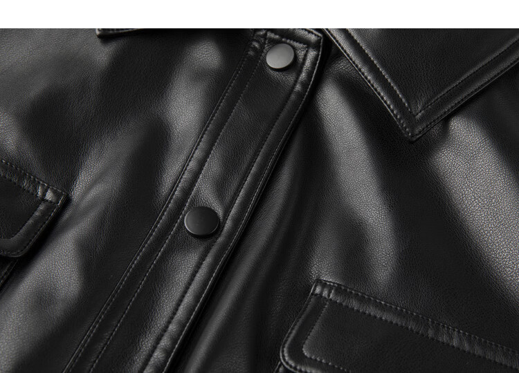 Demana Black Chocolate Bagel Spring Motorcycle Style Lapel Waist-Tied Glossy PU Large Pocket Women's Leather Jacket 15