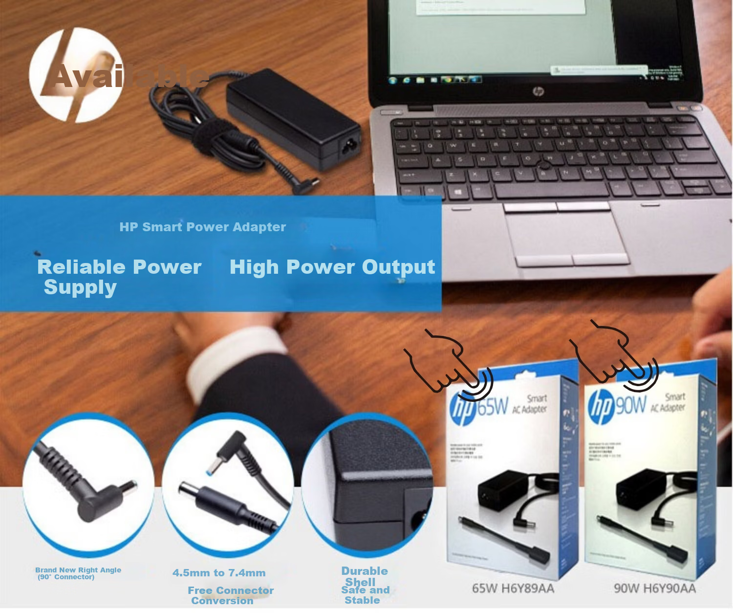 HP 65W Power Adapter H6Y89 Laptop Charger Travel Portable New Right-Angle Connector Original with Conversion Interface Compatible with 4.5mm and 7.4mm 1