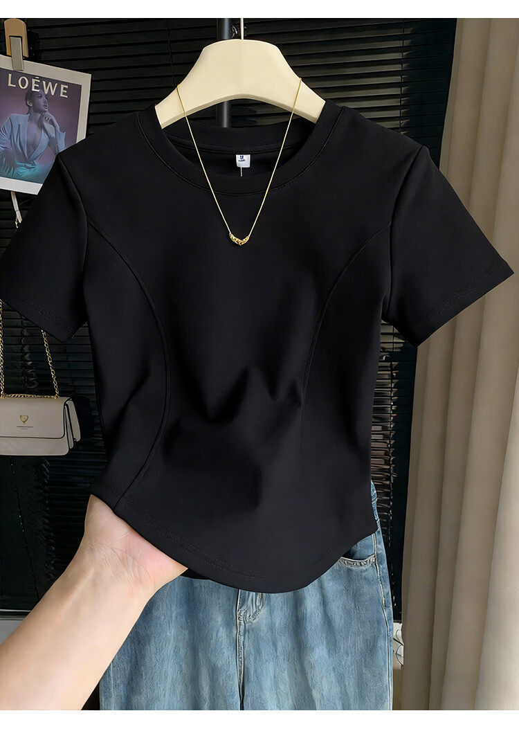 Woodpecker Women's Summer New Crew Neck Short Sleeve T-Shirt Black 2XL Slim Fit with Straight Shoulder and Fishbone Curved Hem Design 8