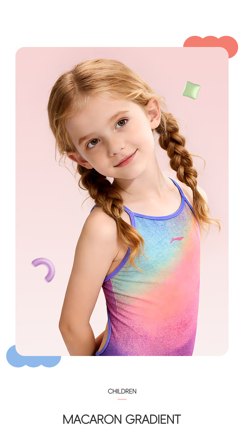 LI-NING Youth Girls Comfortable Sports One-Piece Triangle Professional Training Swimsuit 0421 Colorful 140 17