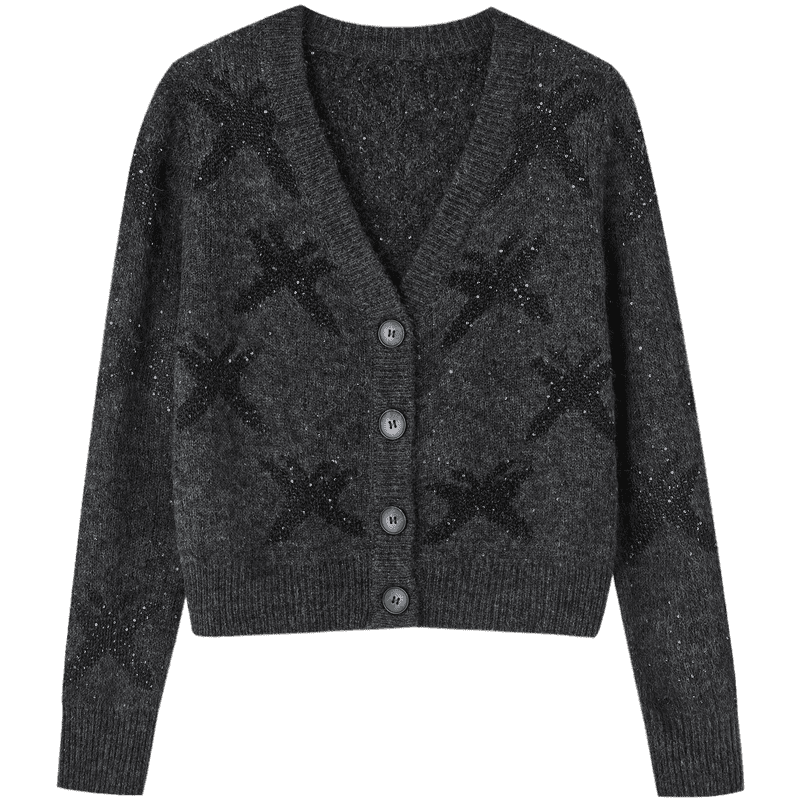 MT Shiny Romance Autumn Sequin V-Neck Wool Blend Short Knit Cardigan for Women
