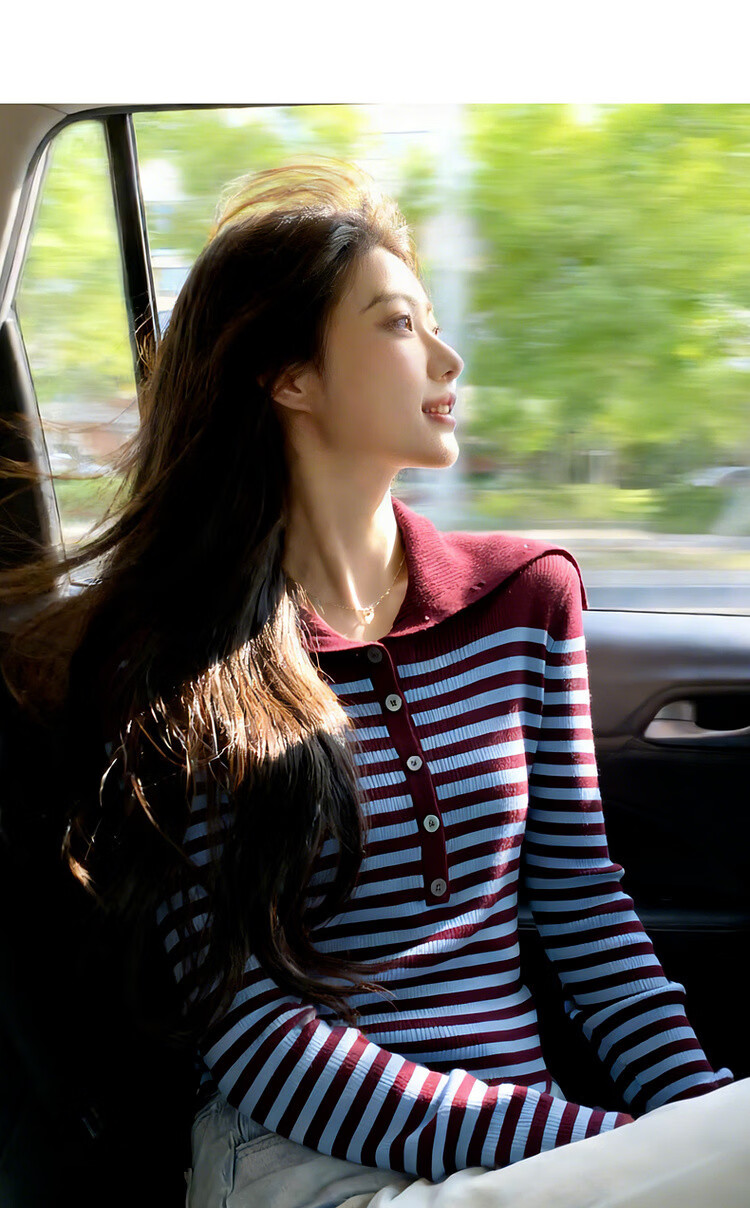 MT Striped Retro Color-Block Lapel Sweater Slim Fit Wool Blend Knit Top for Women Spring 5