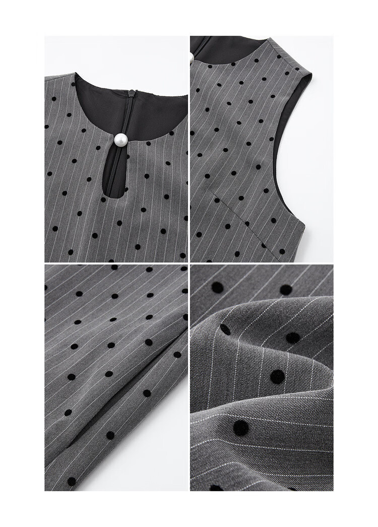Mt Vintage Polka Dot Spring French Style Sleeveless Flocked Print Pearl Button Mid-Length Dress for Women 11