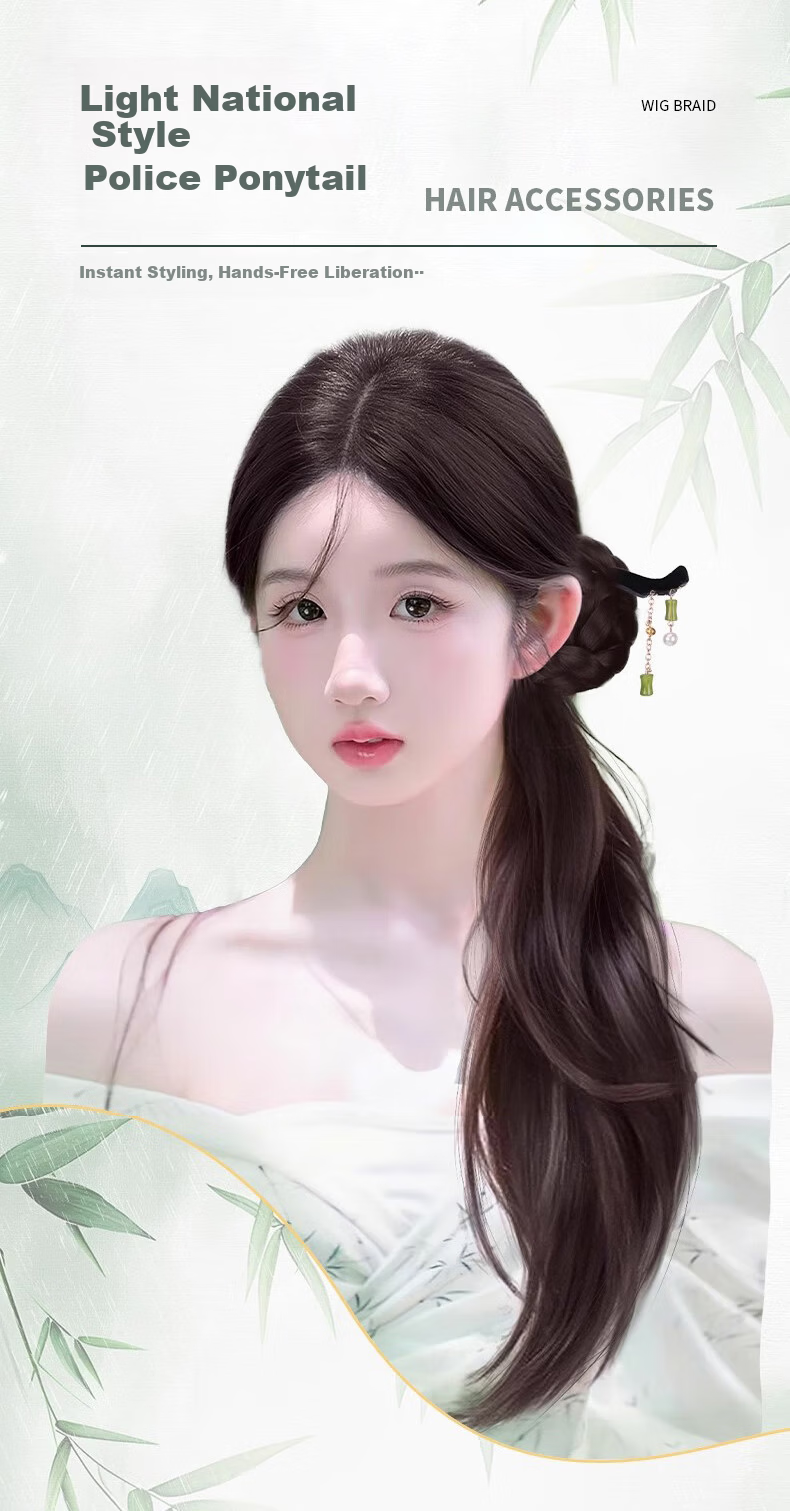 Morning Color New Chinese Style Braided Ponytail Wig for Women Lightweight National Style Ponytail Wig with Hair Clip Ancient Style Hanfu Qipao Braided Side Ponytail 1