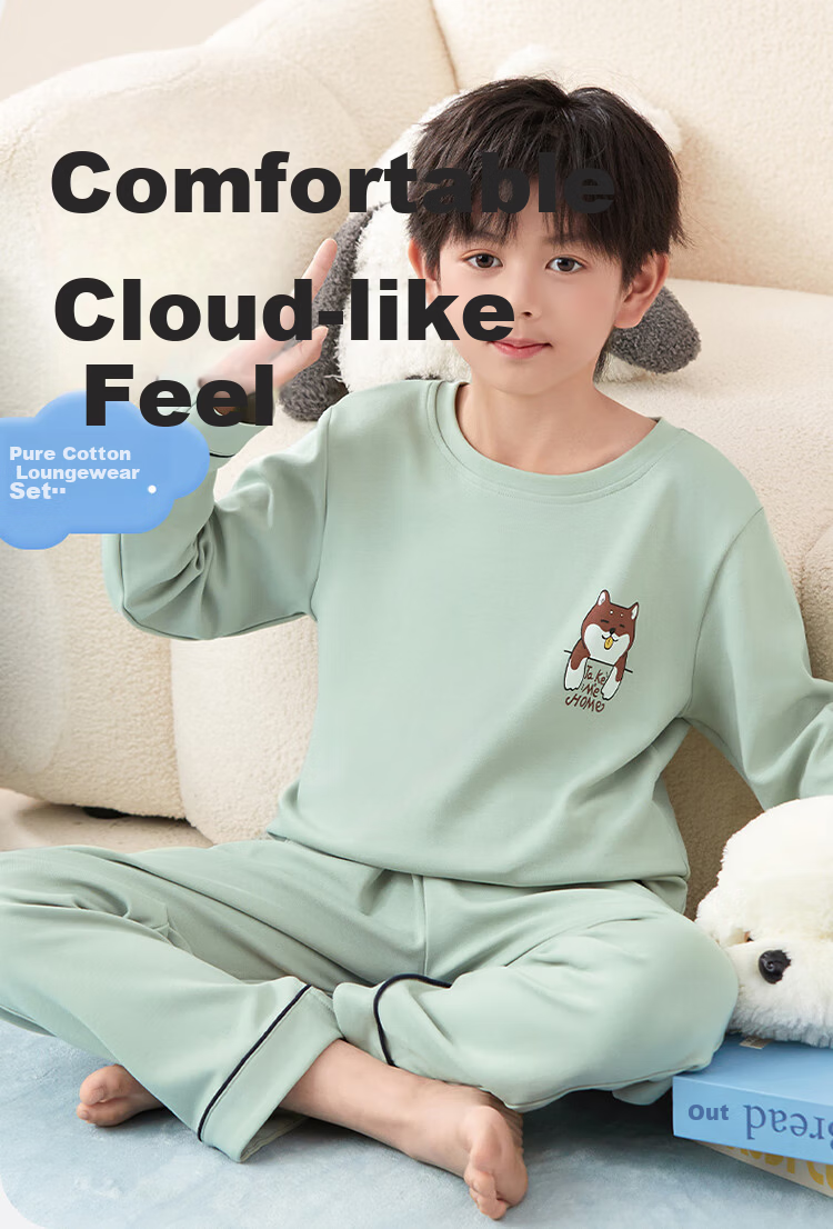 Hodo Boys' A-Class Spring and Summer Pure Cotton Long Sleeve Pajama Set Cute Cartoon Children's Homewear for Older Boys 1