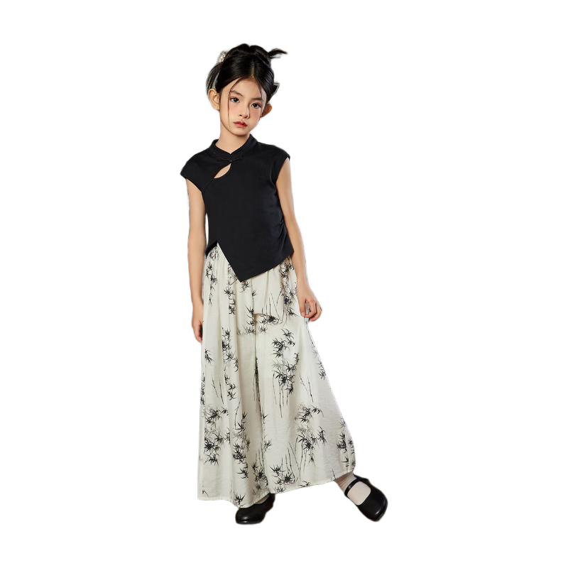 ASK JUNIOR Girls' Summer Hanfu Set, Chinese-Style New T-Shirt with All-Over Print And Long Pants, for Older Children's Clothing