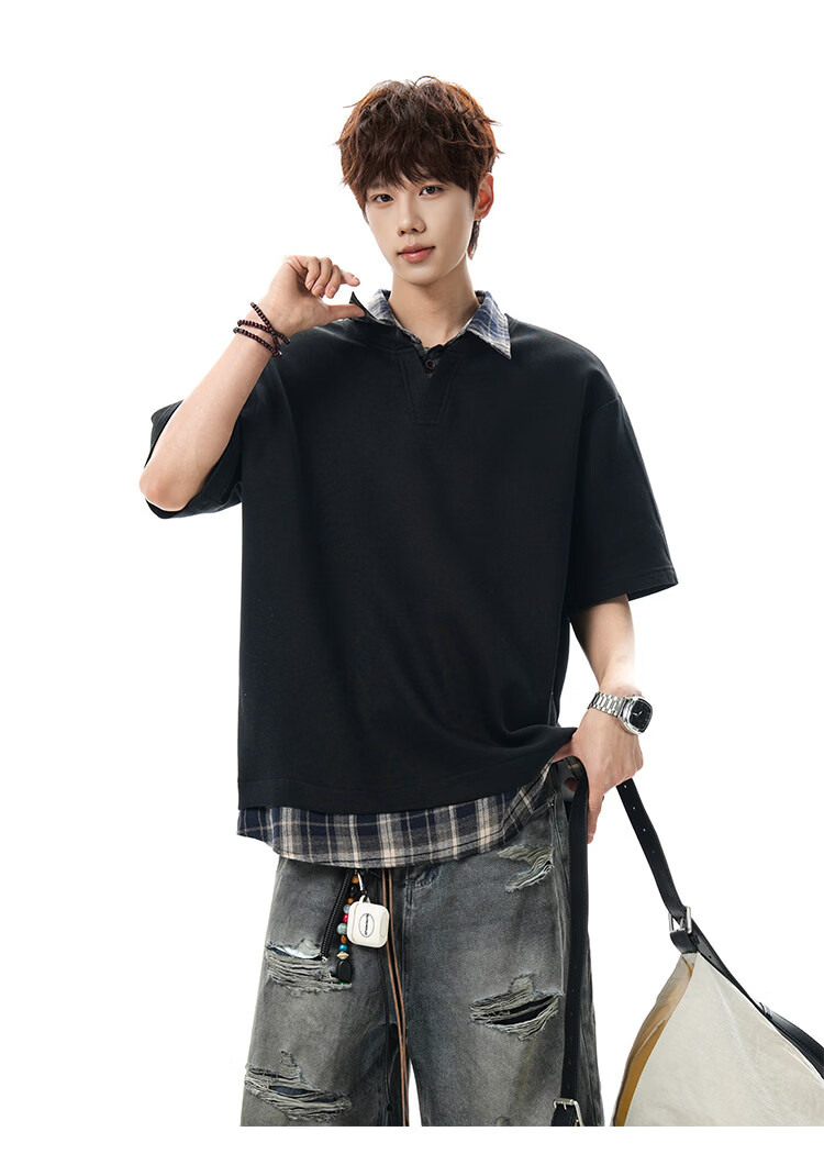 Foss Phil American Style Two-in-One Short Sleeve Polo Shirt Men Spring Summer Loose Casual T-Shirt DT6242 Black 3XL 17