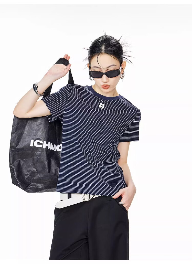 ICH MODE American Style Striped Slim Fit Short Sleeve T-Shirt for Women 2026 Summer New Hot Slim Shoulder Short Top White S 20