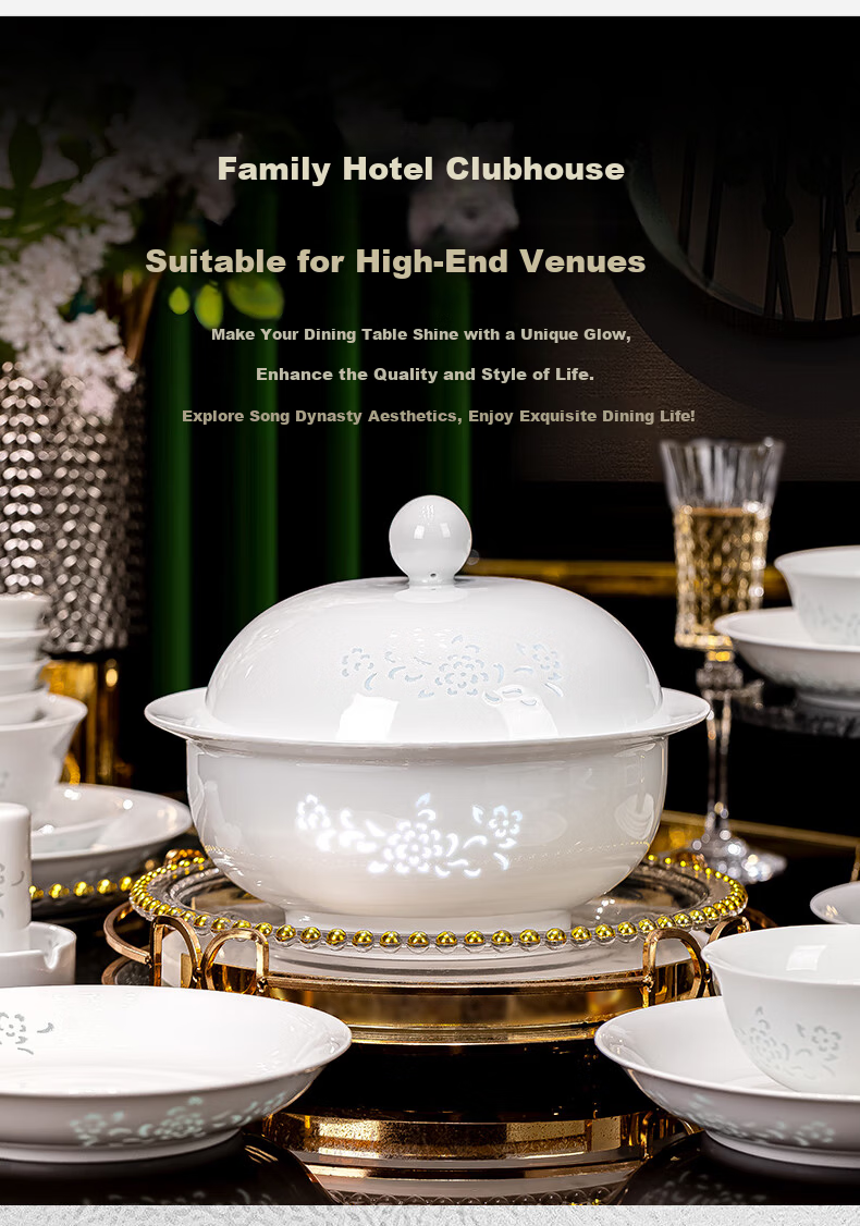 Jingde Story Jingdezhen Underglaze Color Exquisite Porcelain Dinnerware Set White Ceramic Tableware for 6 People Bowls and Plates Ceramic Dinner Set Housewarming Gift 6