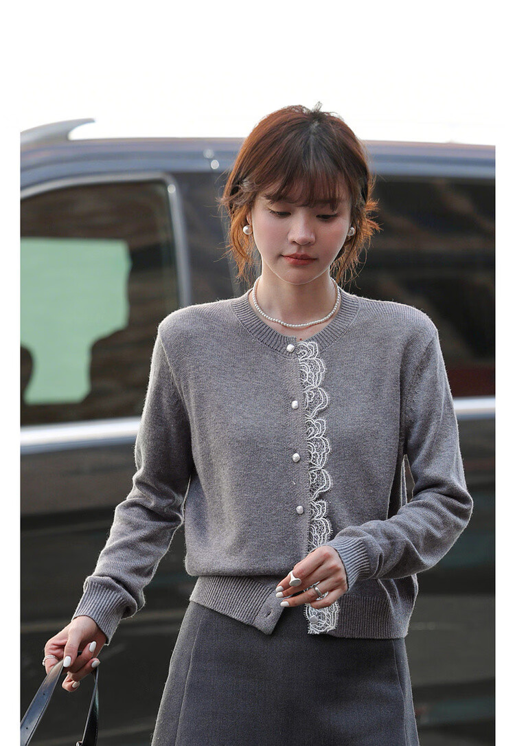 Mt Spring Gentle Style Lace Splice Cardigan Round Neck Petite Knitwear with Comfortable Warm Wool 3