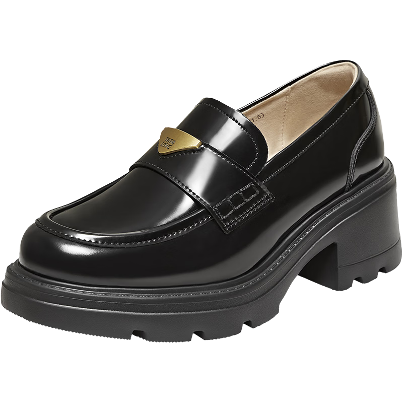 TATA Shen Yue Same Style Prophecy Family Thick-Soled Loafers, Genuine Leather Height-Increasing Small Leather Shoes, Black, Size 36