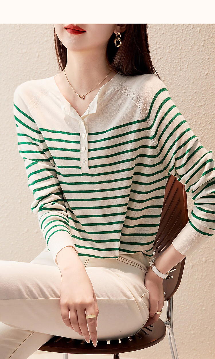 Demana Japanese Style Artistic Commuter Spring Autumn Colorblock Striped Round Neck Slimming Knit Sweater 24