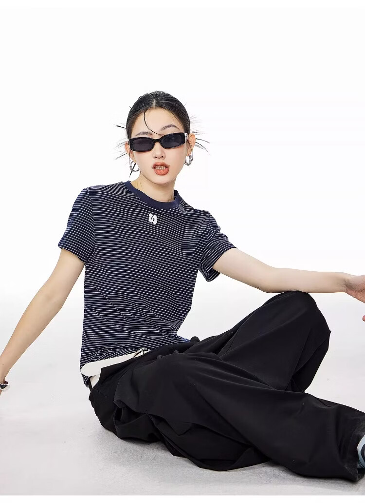 ICH MODE American Style Striped Slim Fit Short Sleeve T-Shirt for Women 2026 Summer New Hot Slim Shoulder Short Top White S 23