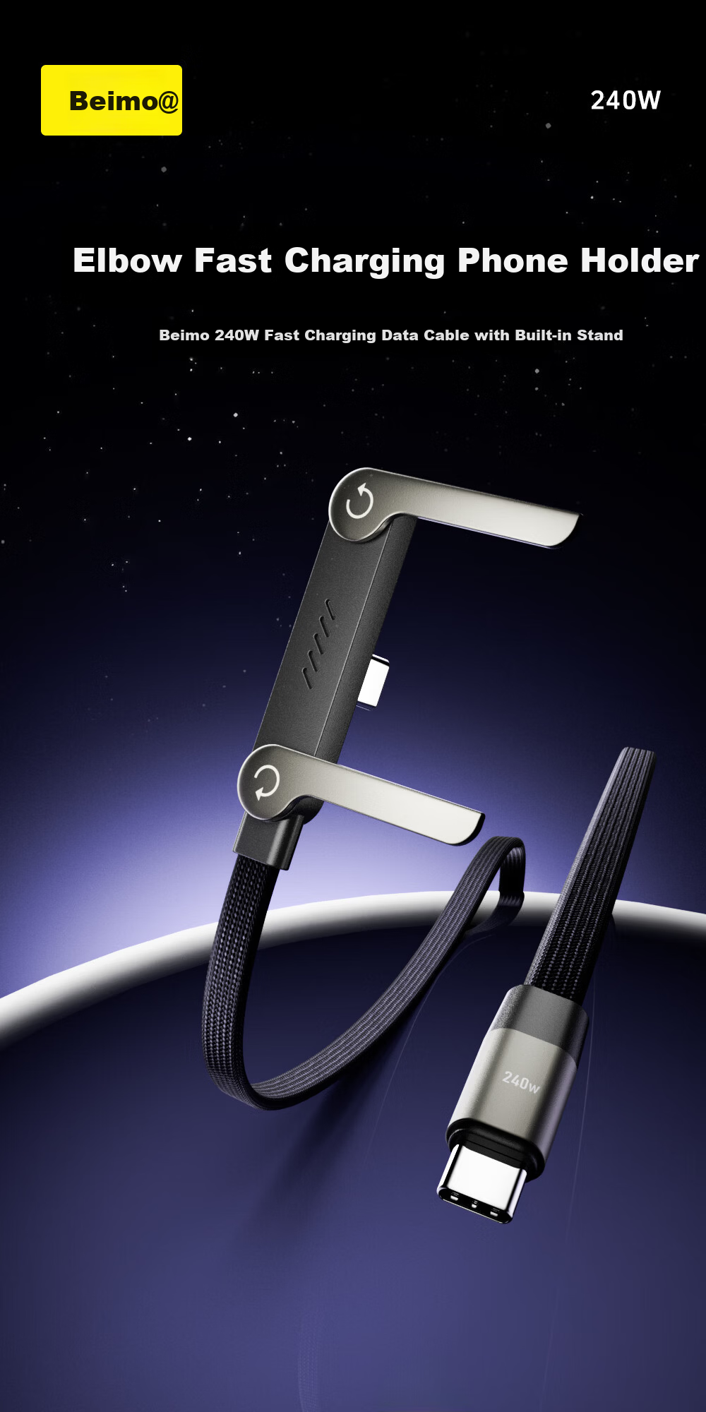 Beimo Mobile Phone Stand Data Cable with Foldable 240W Super Fast Charging Type-C Gaming Charging Cable Compatible with iPhone 15-17 Series Huawei Xiaomi VIVO Phones 1