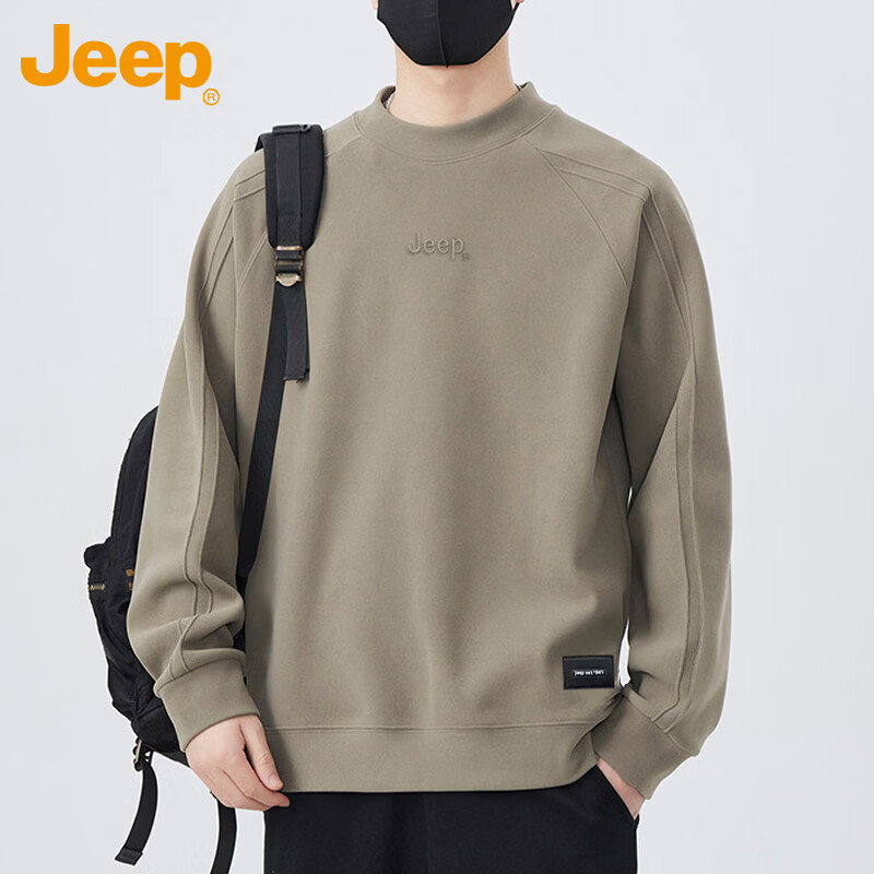 JEEP Men's Heavyweight Long Sleeve Sweatshirt Spring Autumn Loose Embroidered Base Shirt Earth Tone 3XL