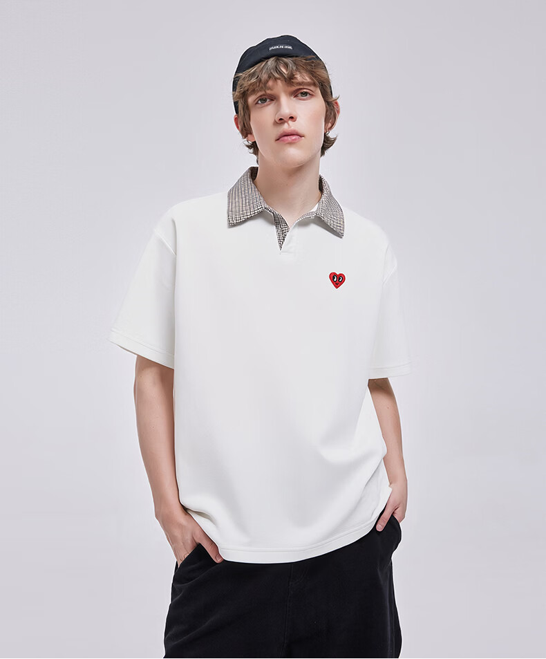 Charles Peach Heart Summer Small Heart Color-Block Breathable Cotton-Padded Couple Casual Unisex Short Sleeve Polo Shirt Off-White XS 11