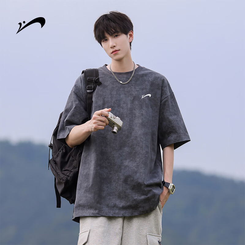 Guirenniao Washed Pure Cotton Short Sleeve T-Shirt Men New American Casual Fashion Vintage Soft Breathable Top Carbon Gray S