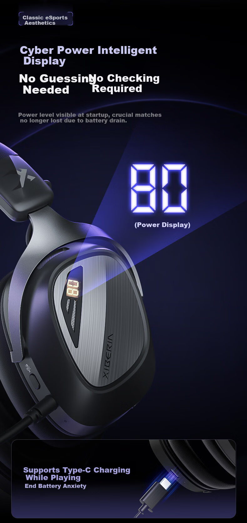 XIBERIA K06S Quad-Mode Smart Display Gaming Headset Bluetooth Wireless Over-Ear Dual-Mode Same-Frequency Mixing Support Play While Charging Esports Delta Black [Recommended by Xiaodingdang] 11