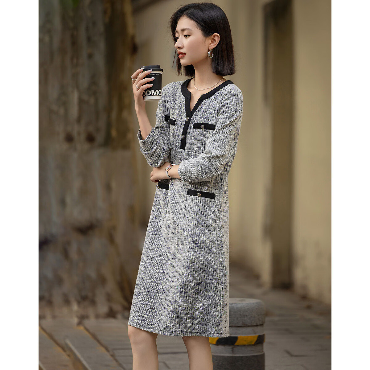 Demana [Smart Sensory Woman] Spring Small Fragrance Style Color-Block V-Neck Faux Pocket Long Sleeve Petite Women's Dress