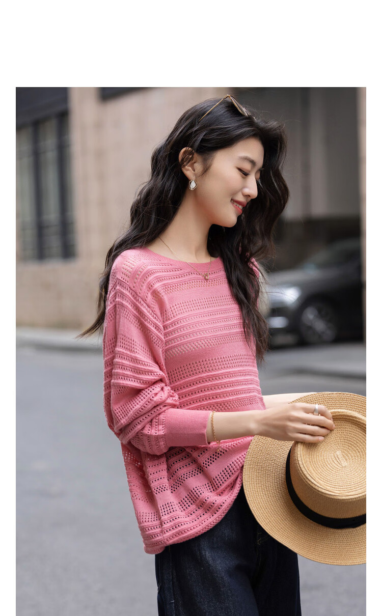 Demana [With Mulberry Silk and Wool] Spring Elegant Hollow Stripe Batwing Sleeve Elastic Slim Knit Sweater for Women Premium 14