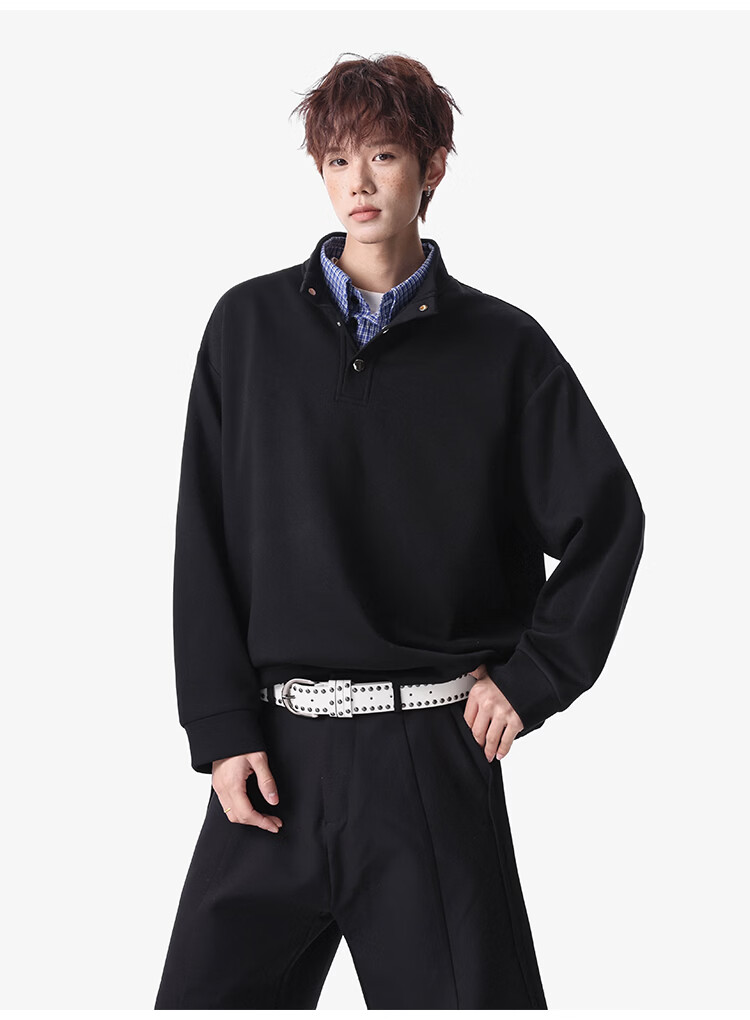 Foss Phil Men's Long Sleeve Sweatshirt Spring Summer American Polo Shirt High Street Vintage Loose Fit Top Black XL W6061 16