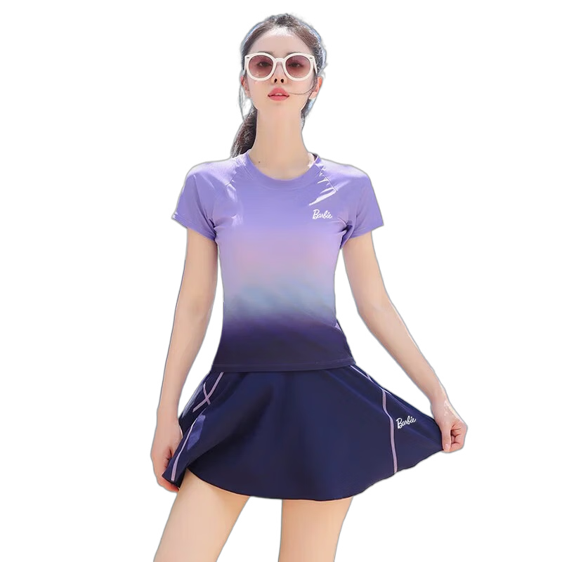 Barbie Swimsuit for Women, Slimming Tummy-Covering Gradient Two-Piece Skirt Style, Push-Up for Small Chest, Conservative Beach Vacation Swimwear