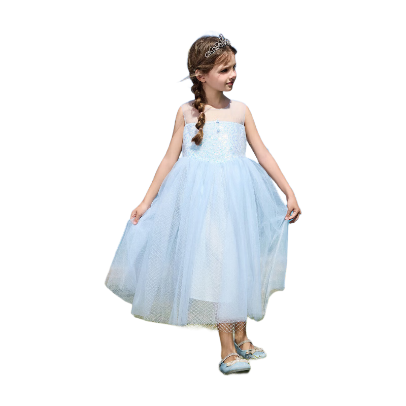 ASK JUNIOR [Detachable Shoulder Strap] Children's Summer Dress, Big Girl Princess Dress, Mesh Vacation Dress