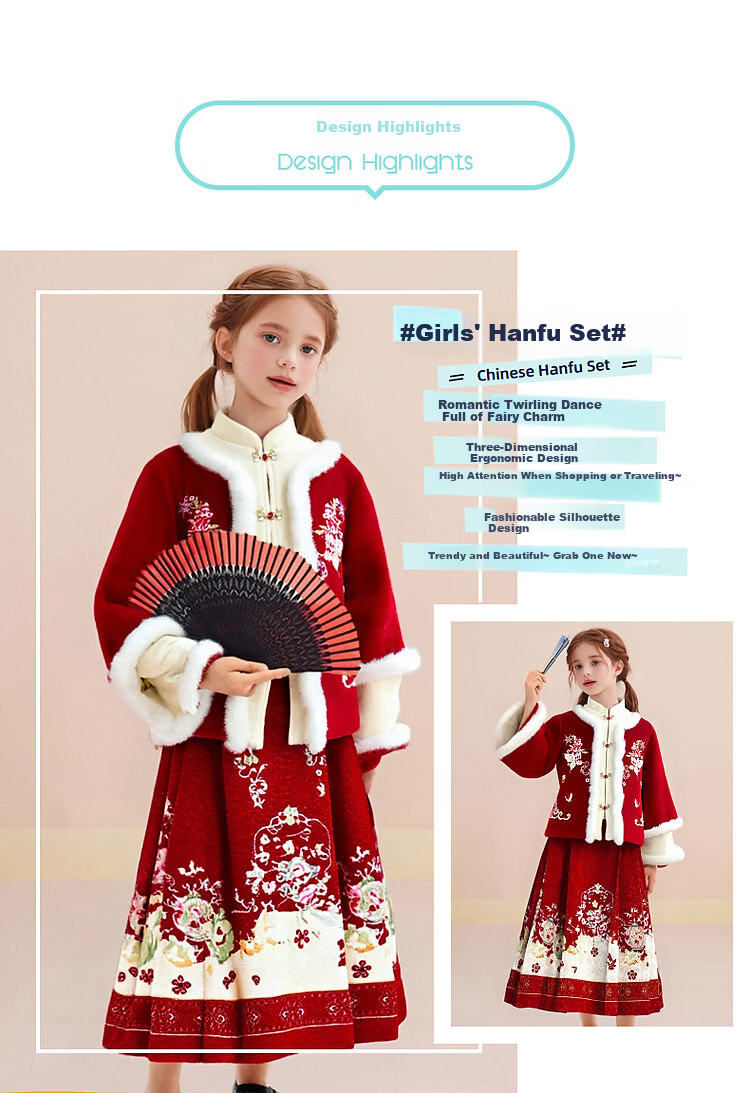 Octmami Girls' Chinese New Year Hanfu Thickened Large Kids Ma Mian Skirt Children's Warm Dress Set China Red 120 2