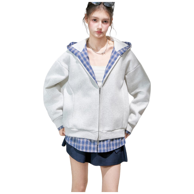ICH MODE Spotted Light Colorblock Loose Fit Hoodie Women's Sweet College Style Sweatshirt Cardigan White Flower Gray S