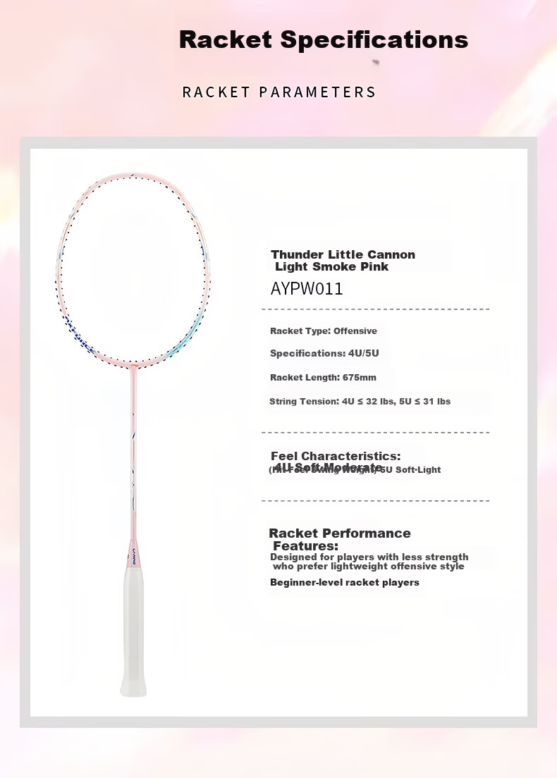 LI-NING Thunder Mini Steel Cannon New Color Full Carbon Offensive Lightweight High Tension Single Badminton Racket Light Smoke Pink 4U Pre-Strung 7