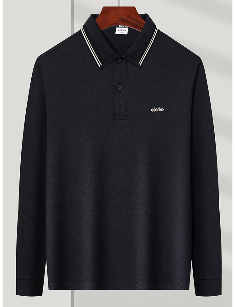 Edenbo Men's Long Sleeve Polo Shirt Long Staple Cotton Half Placket Top Black 170/88A (L) 17