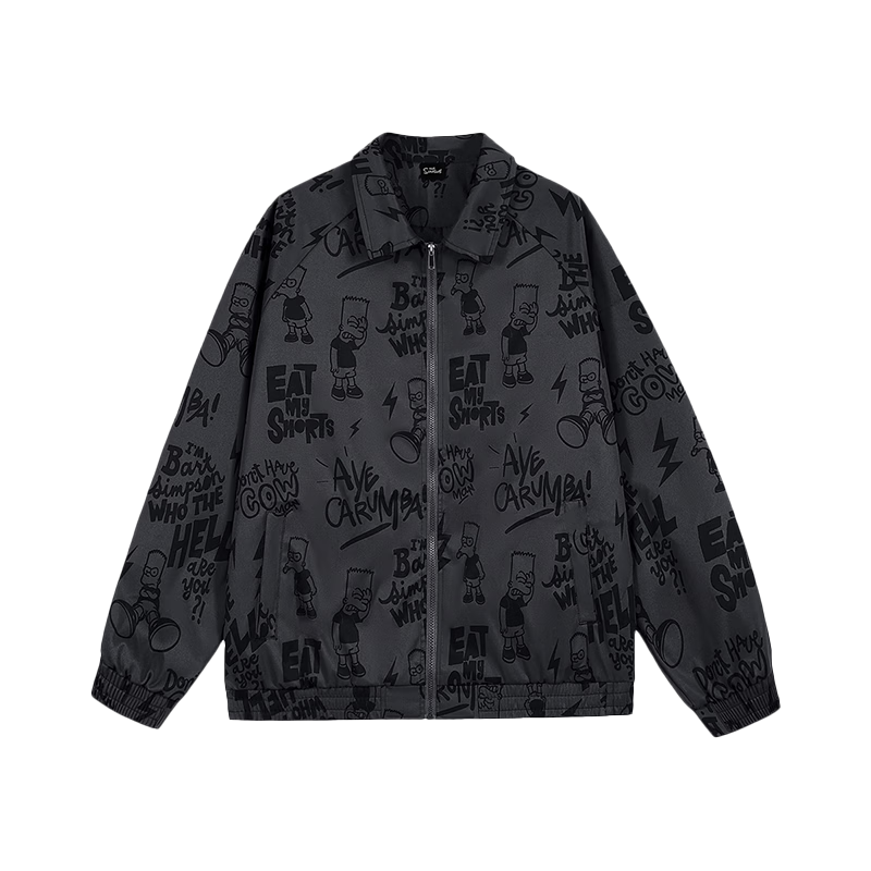 THE SIMPSONS Spring Autumn Casual Loose Printed Polo Collar Trendy Unisex Jacket Black Regular M