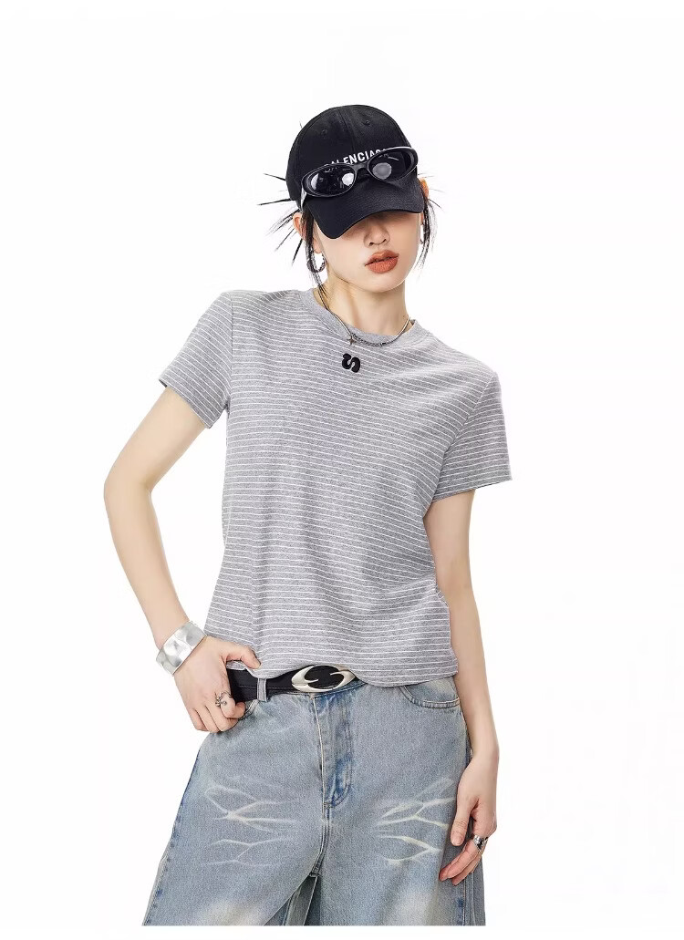 ICH MODE American Style Striped Slim Fit Short Sleeve T-Shirt for Women 2026 Summer New Hot Slim Shoulder Short Top White S 7