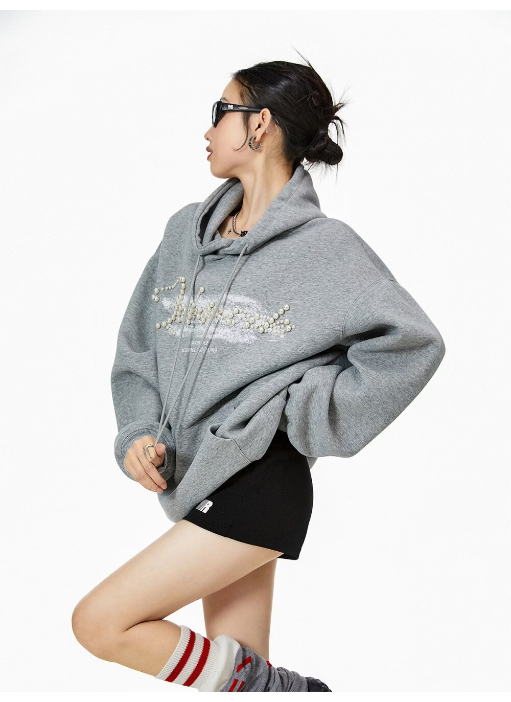 ICH MODE American Style Gray Hoodie Women 2026 Spring New Loose Casual Pullover Jacket White S 21