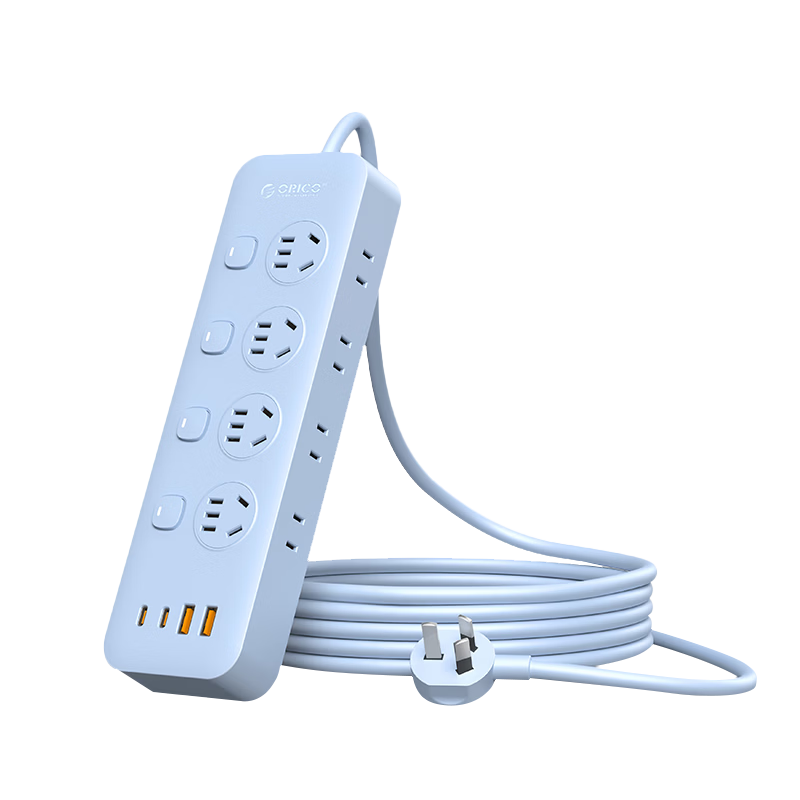 ORICO 20W Controlled Power Strip with 8 Independent Switches, USB Desktop Socket, 3C Certified, 2-Meter Cable, Blue