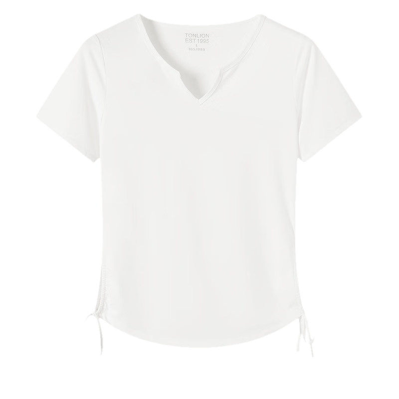 TonLion 2026 New Summer Women's Short Sleeve V-Neck Sports Style Sun Protection T-Shirt with Drawstring Waist Design White