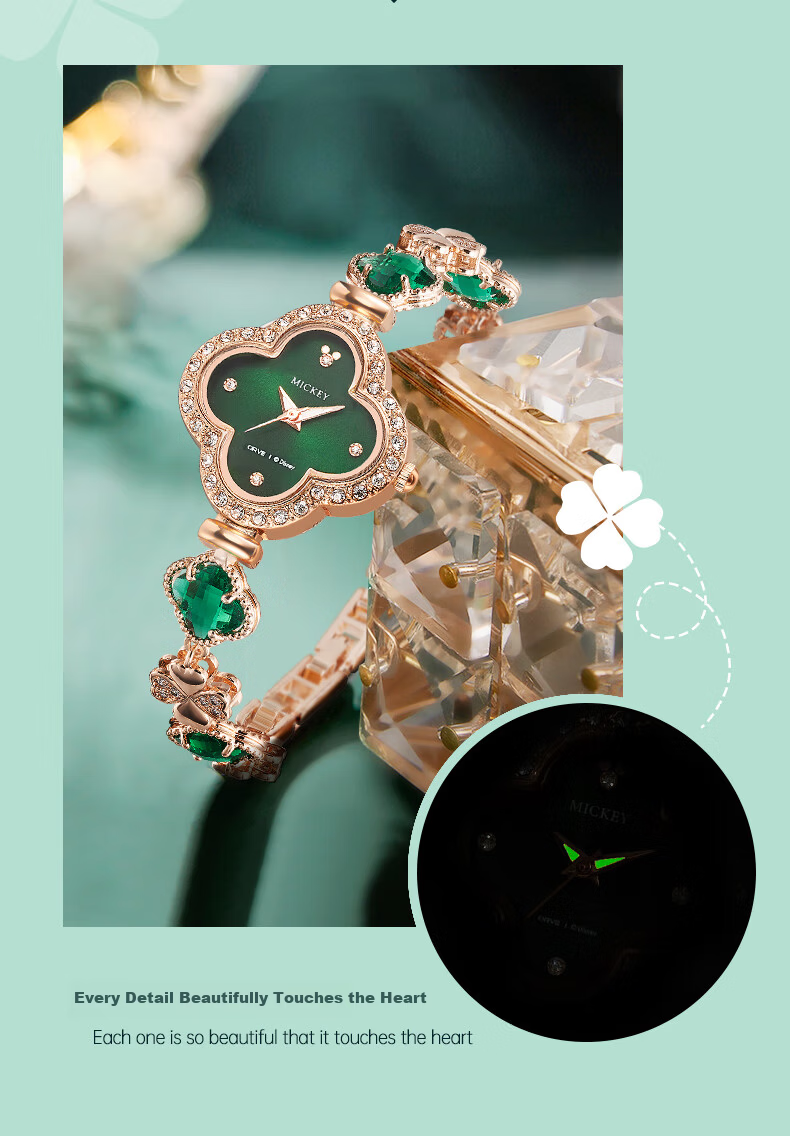Disney Mickey Collaboration Luxury Four-Leaf Clover Bracelet Watch Waterproof Quartz 38mm Women's Day Birthday Gift for Girlfriend 5