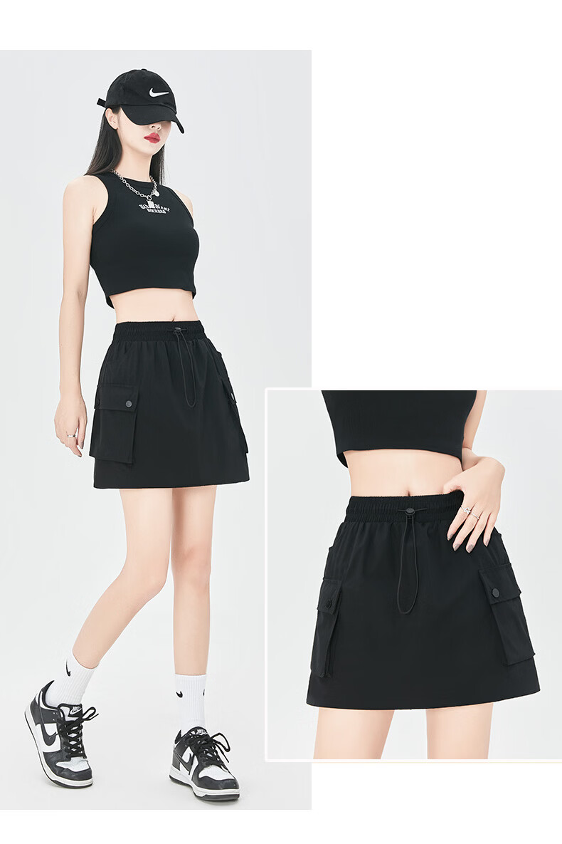 Jeanswest Women's Summer High-Waist Casual Slimming Multi-Pocket A-Line Black Skirt S 11