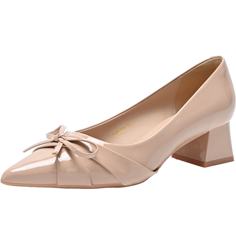 ZHR Women's Shoes 2026 New Thick High Heel Single Shoes French Style Butterfly Shallow Leather Comfortable Shoes Nude Pink 38