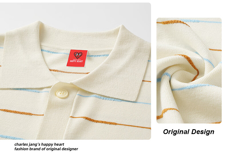 Charles Peach Heart Summer Trendy Small Heart Striped Couple Short Sleeve Polo Shirt Cool Casual Unisex Off-White XS 6