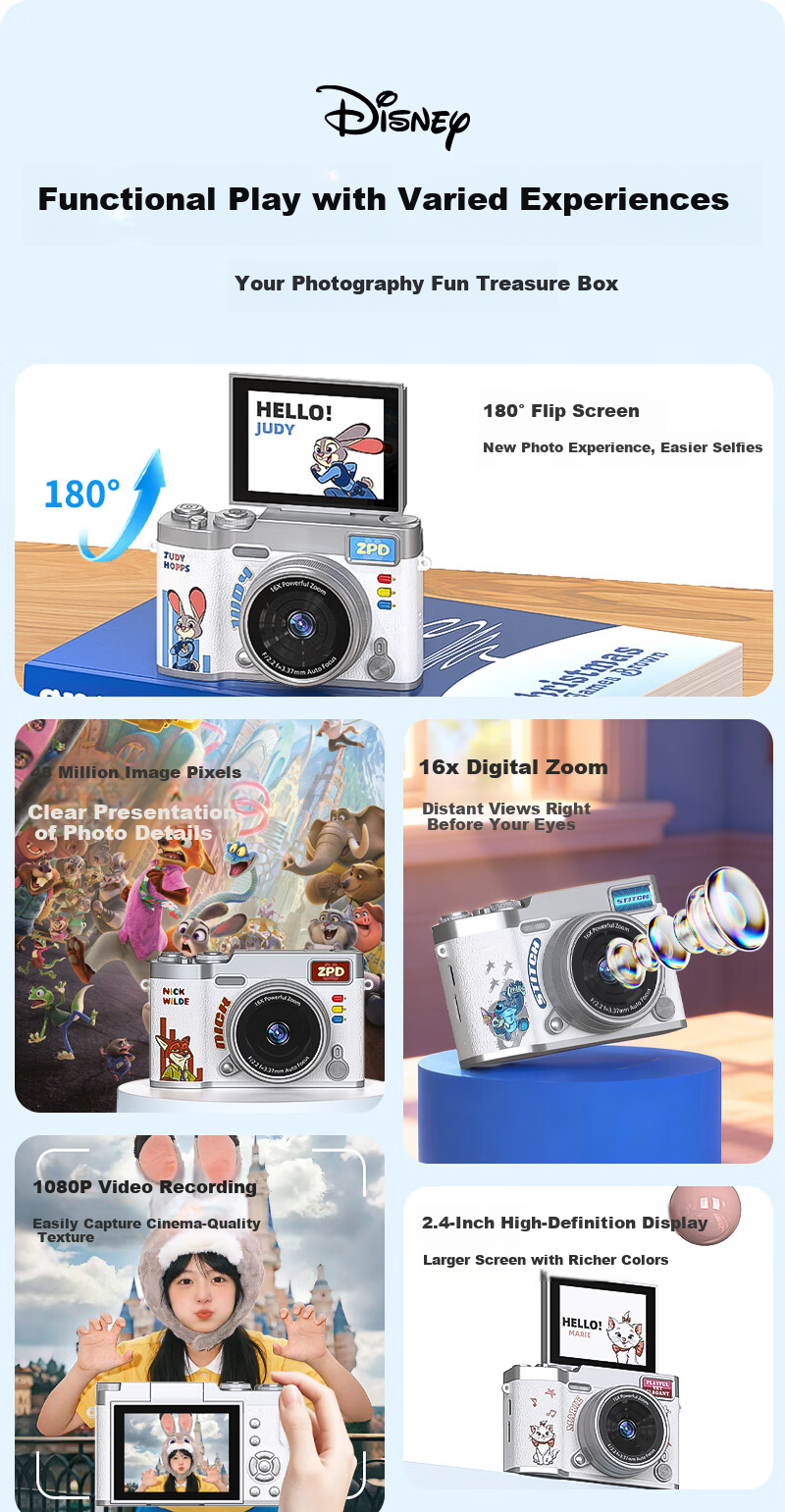 Disney Zootopia Kids Camera CCD Alternative Student Flip Screen Portable Entry-Level Camera for Photography Travel Boys Girls Birthday Lantern Festival School Gift X2 Judy 1