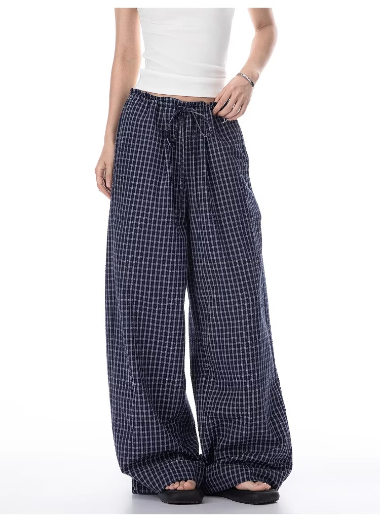 ICH MODE Women's American Style Plaid Summer Loose Wide-Leg Straight-Leg Sports Casual Pants Black XL 17